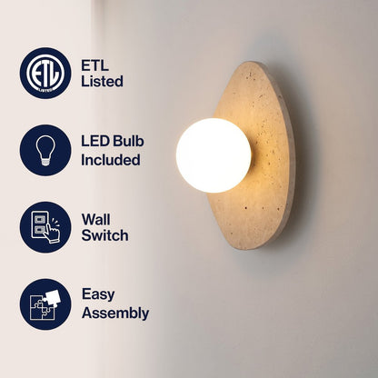 Tivoli Modern Minimalist 1-Light Ovoid Travertine LED Wall Sconce, Light