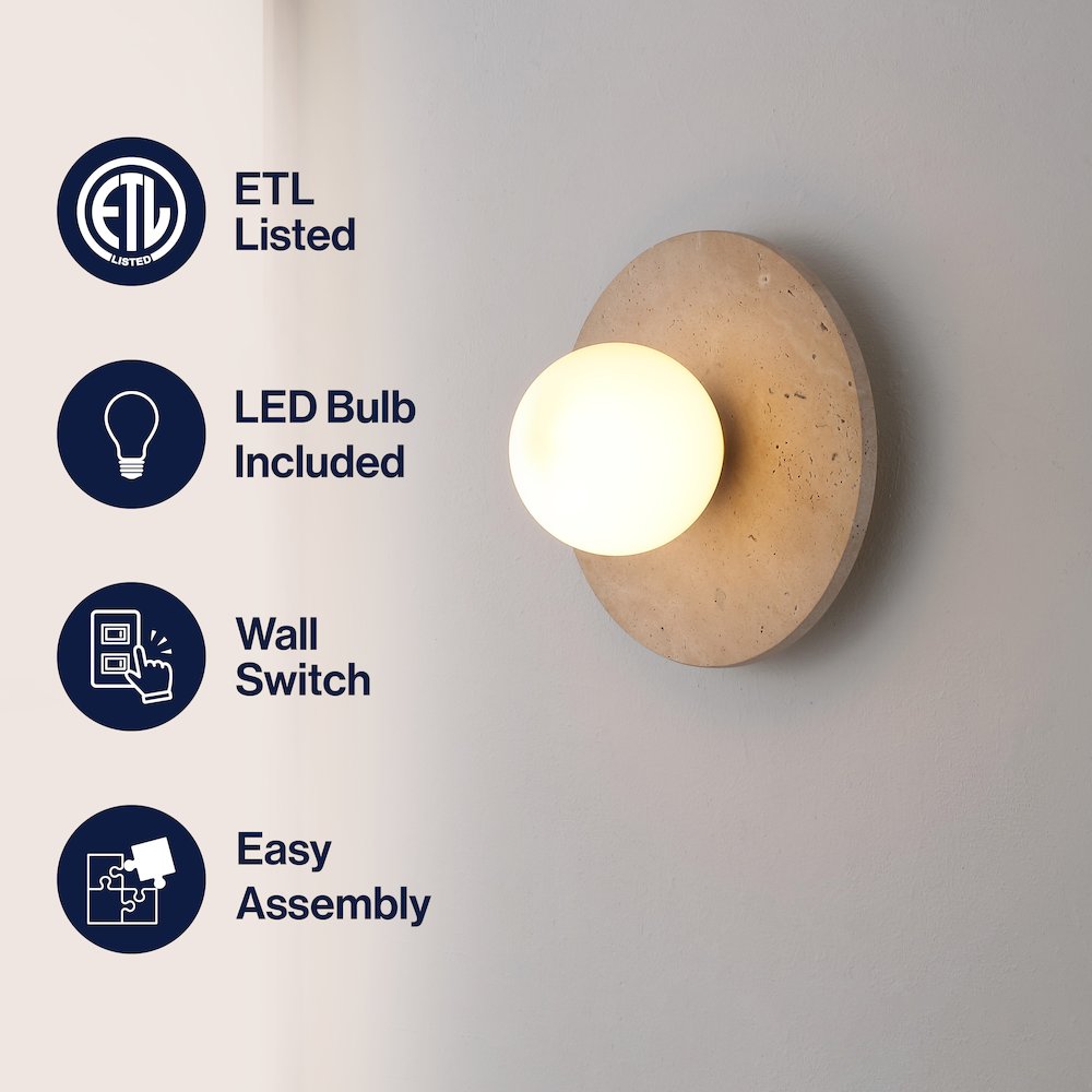 Tivoli Modern Minimalist 1-Light Ovoid Travertine LED Wall Sconce, Light