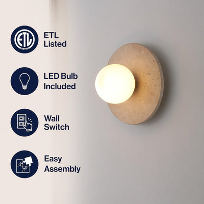 Tivoli Modern Minimalist 1-Light Ovoid Travertine LED Wall Sconce, Light
