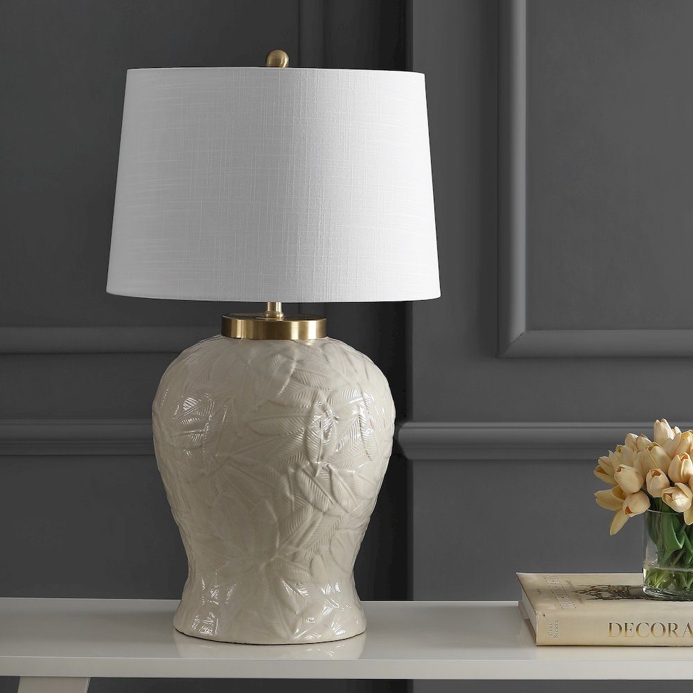 Regency Palm Leaf Ceramicmetal Bohemian Cottage Led Table Lamp