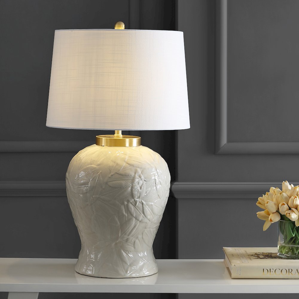 Regency Palm Leaf Ceramicmetal Bohemian Cottage Led Table Lamp