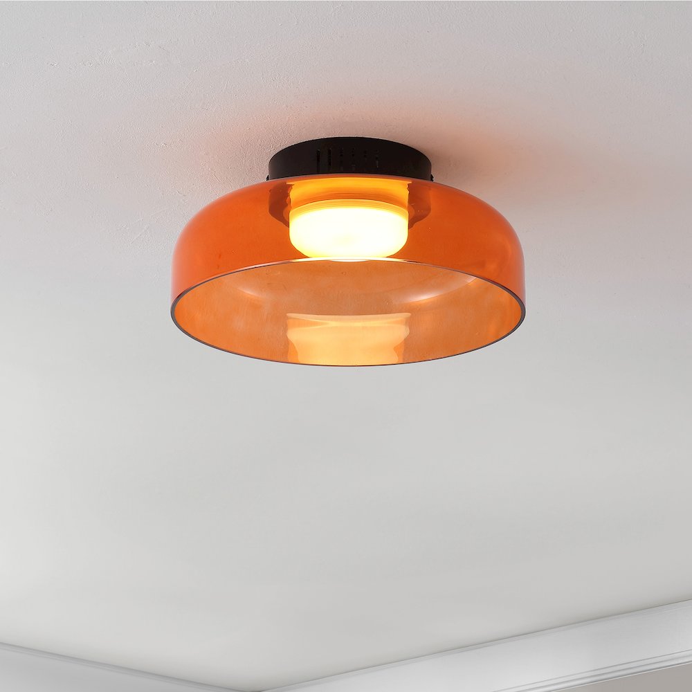 12" Minimalist Iron/Glass Dimmable Integrated LED Flush Mount, Orange/Black