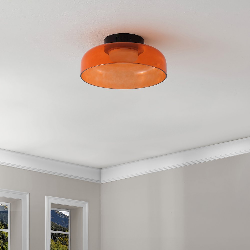 12" Minimalist Iron/Glass Dimmable Integrated LED Flush Mount, Orange/Black