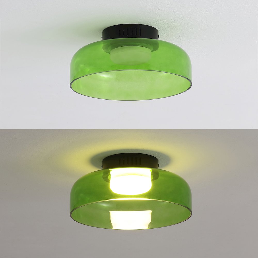 12" Minimalist Iron/Glass Dimmable Integrated LED Flush Mount, Green/Black