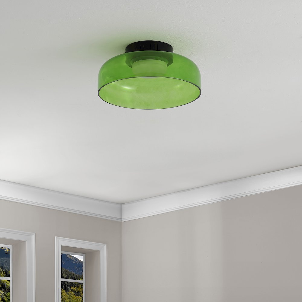 12" Minimalist Iron/Glass Dimmable Integrated LED Flush Mount, Green/Black