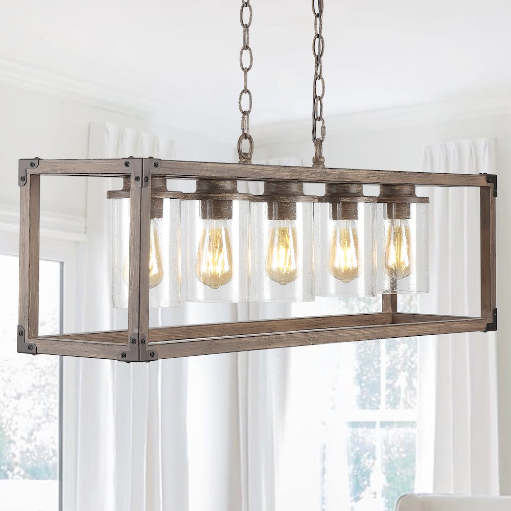 Zeniba Linear Adjustable Iron/Seeded Glass Rustic Farmhouse Led Pendant