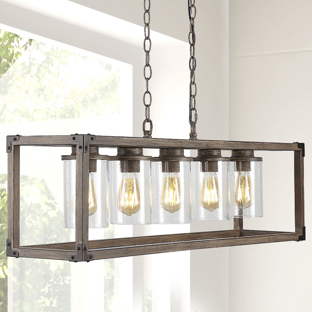 Zeniba Linear Adjustable Iron/Seeded Glass Rustic Farmhouse Led Pendant