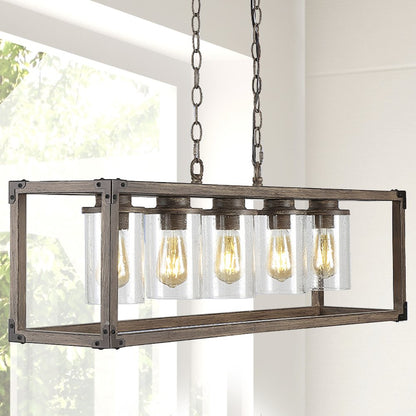 Zeniba Linear Adjustable Iron/Seeded Glass Rustic Farmhouse Led Pendant