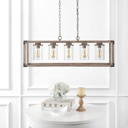 Zeniba Linear Adjustable Iron/Seeded Glass Rustic Farmhouse Led Pendant