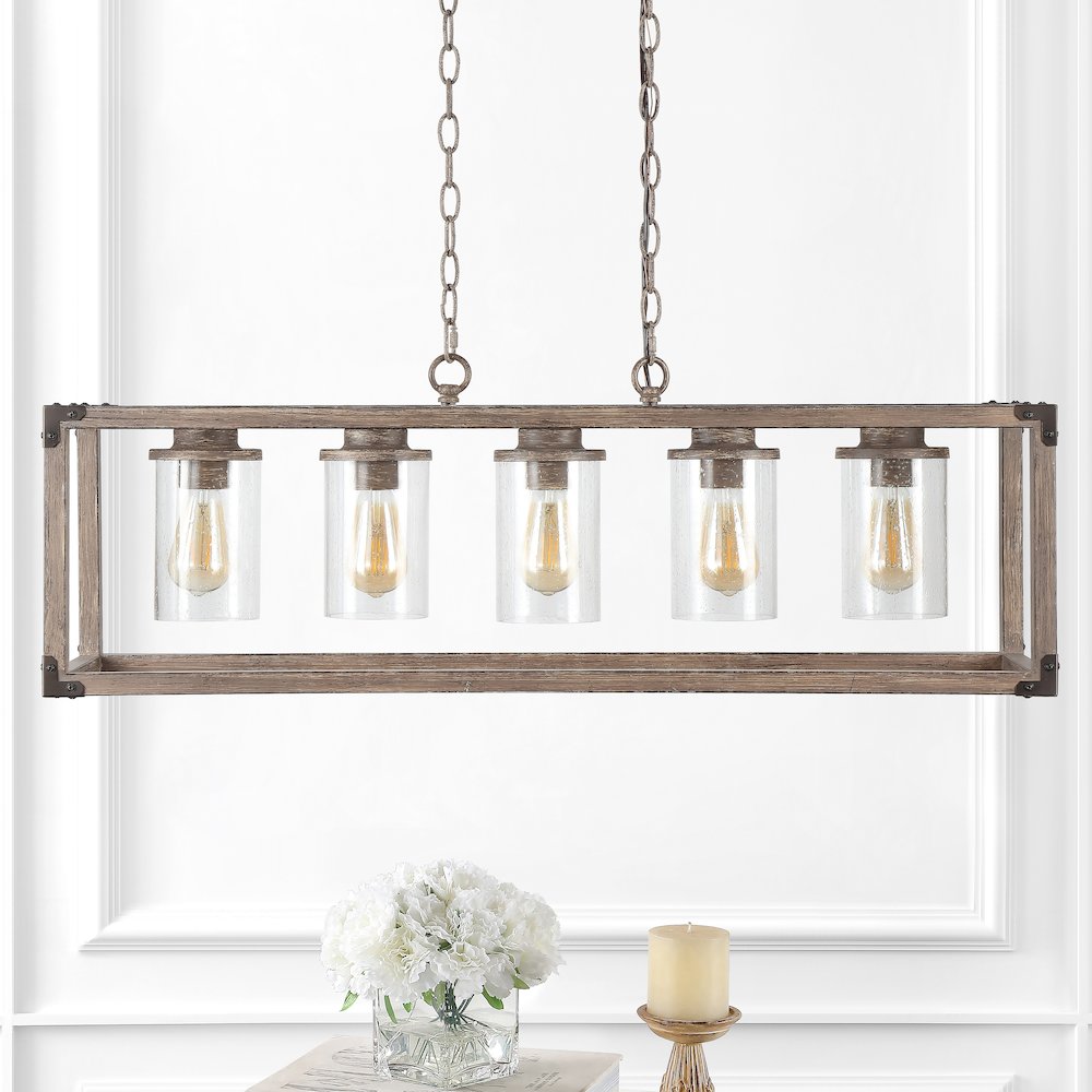 Zeniba Linear Adjustable Iron/Seeded Glass Rustic Farmhouse Led Pendant