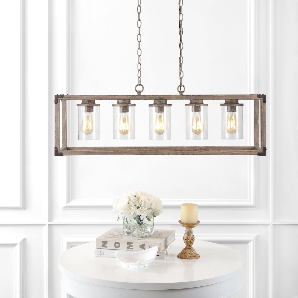 Zeniba Linear Adjustable Iron/Seeded Glass Rustic Farmhouse Led Pendant