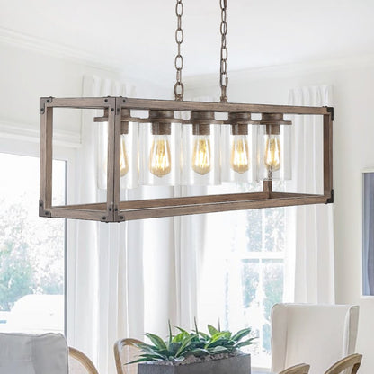 Zeniba Linear Adjustable Iron/Seeded Glass Rustic Farmhouse Led Pendant