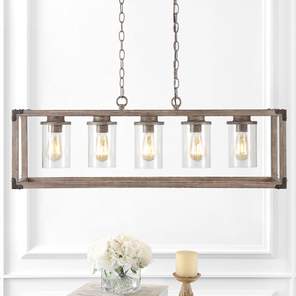 Zeniba Linear Adjustable Iron/Seeded Glass Rustic Farmhouse Led Pendant