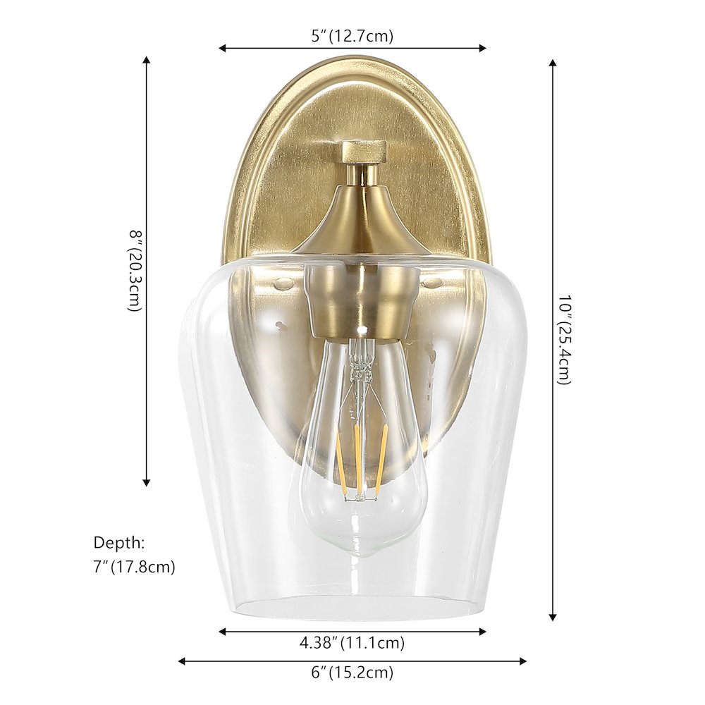Jayne 6" 1-Light Iron/Glass Cottage Rustic LED Vanity Light, Brass Gold