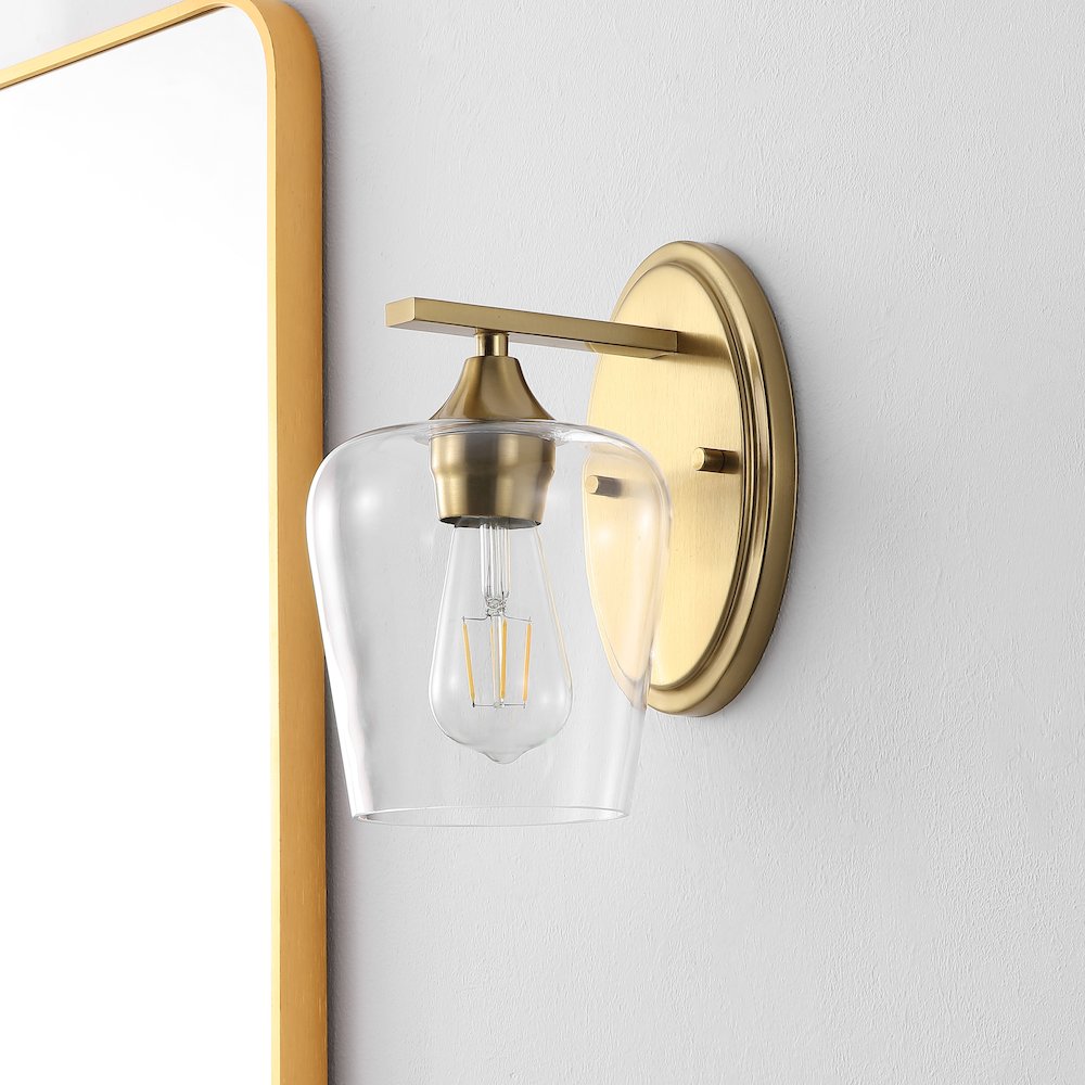 Jayne 6" 1-Light Iron/Glass Cottage Rustic LED Vanity Light, Brass Gold