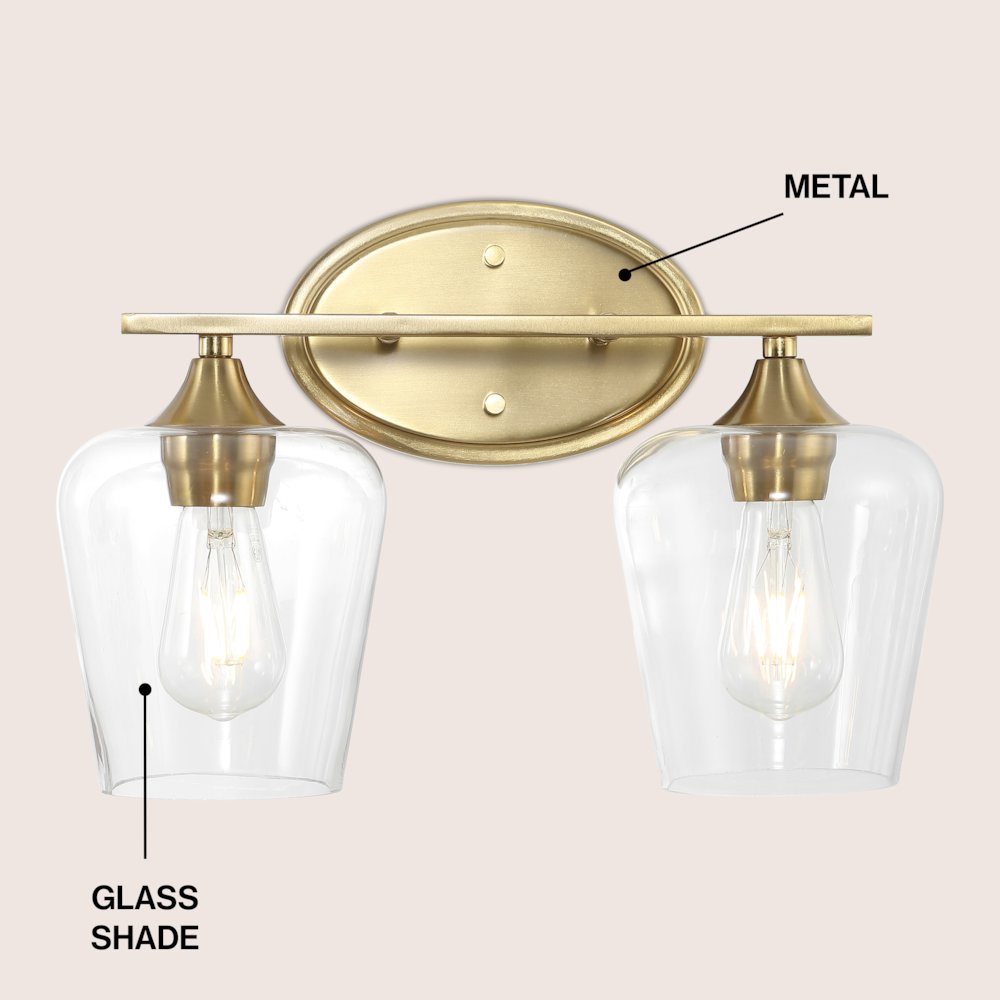 Jayne 15.75" 2-Light Iron/Glass Cottage Rustic LED Vanity Light, Brass Gold
