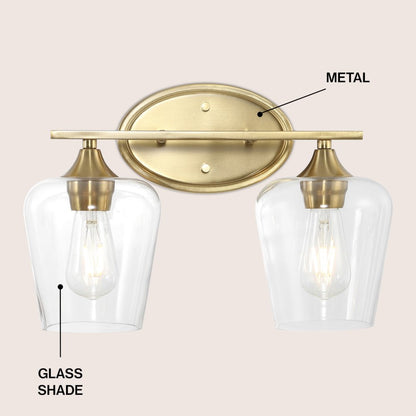 Jayne 15.75" 2-Light Iron/Glass Cottage Rustic LED Vanity Light, Brass Gold