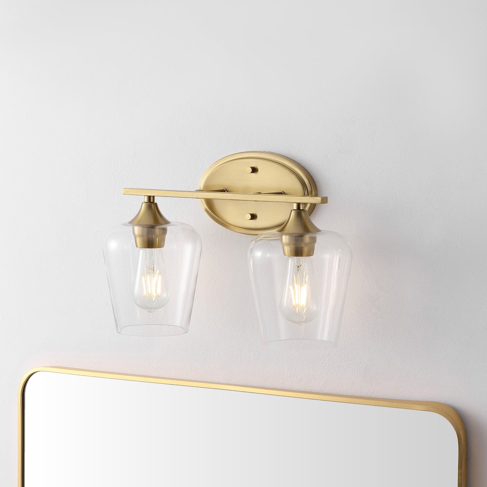 Jayne 15.75" 2-Light Iron/Glass Cottage Rustic LED Vanity Light, Brass Gold