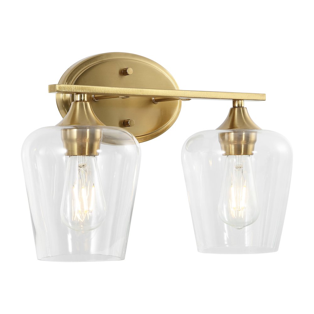 Jayne 15.75" 2-Light Iron/Glass Cottage Rustic LED Vanity Light, Brass Gold