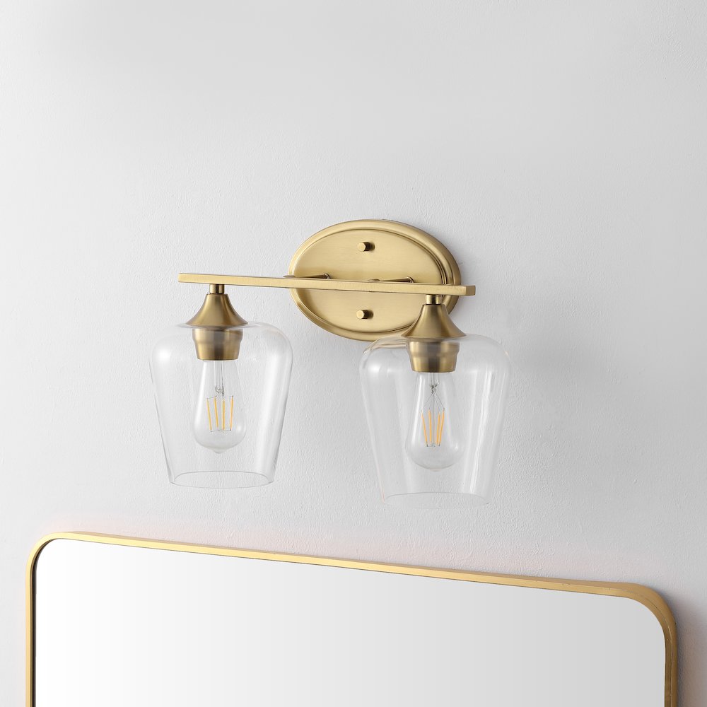 Jayne 15.75" 2-Light Iron/Glass Cottage Rustic LED Vanity Light, Brass Gold