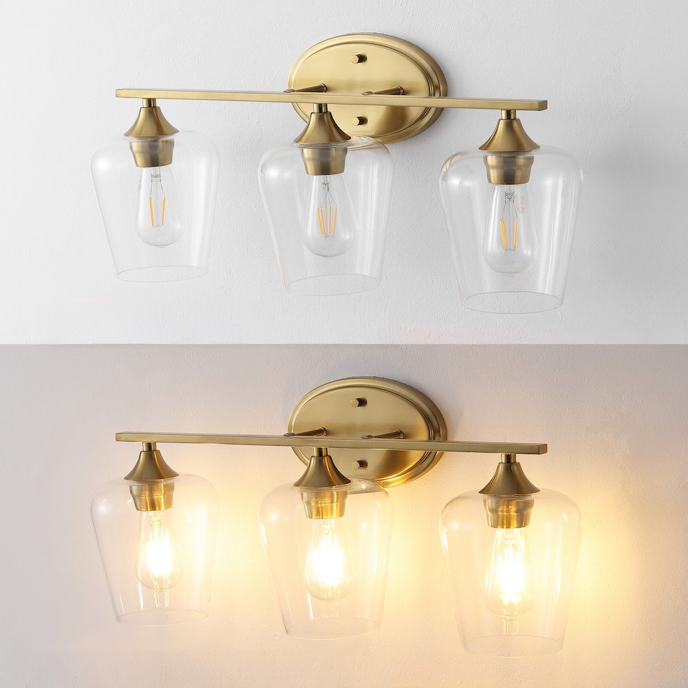 Jayne 23" 3-Light Iron/Glass Cottage Rustic LED Vanity Light, Brass Gold