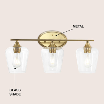 Jayne 23" 3-Light Iron/Glass Cottage Rustic LED Vanity Light, Brass Gold