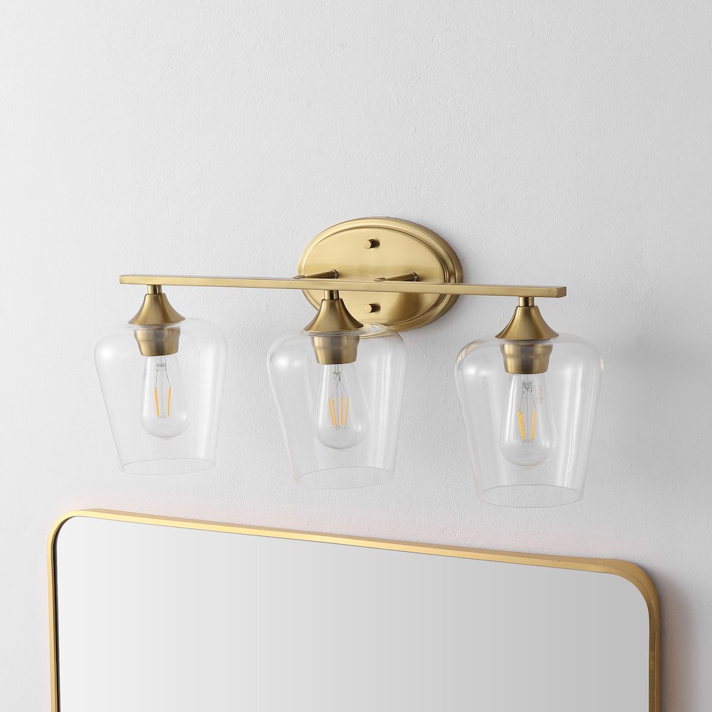 Jayne 23" 3-Light Iron/Glass Cottage Rustic LED Vanity Light, Brass Gold