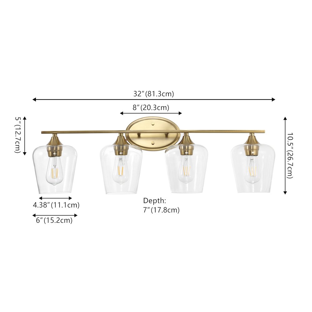 Jayne 32" 4-Light Iron/Glass Cottage Rustic LED Vanity Light, Brass Gold