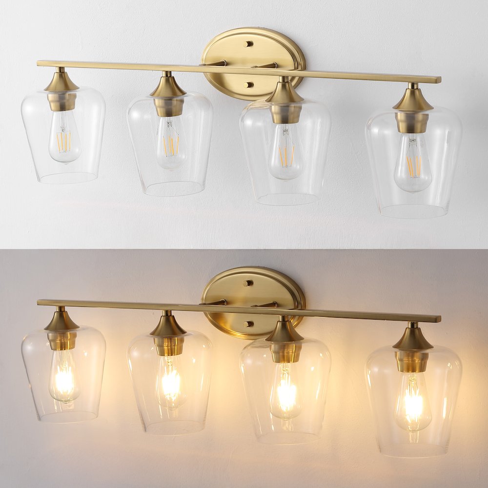 Jayne 32" 4-Light Iron/Glass Cottage Rustic LED Vanity Light, Brass Gold