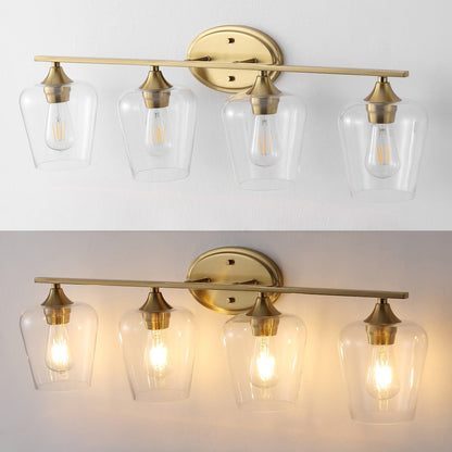 Jayne 32" 4-Light Iron/Glass Cottage Rustic LED Vanity Light, Brass Gold