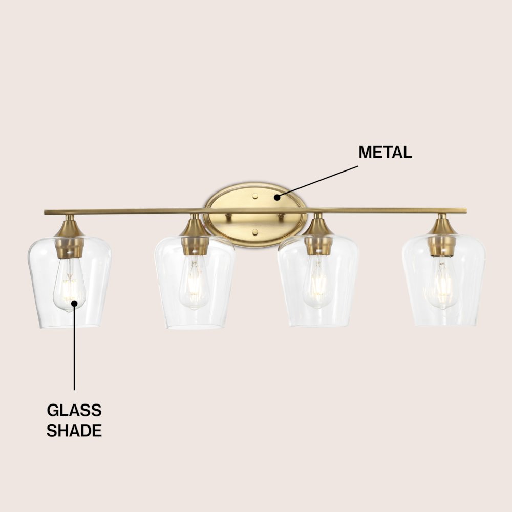 Jayne 32" 4-Light Iron/Glass Cottage Rustic LED Vanity Light, Brass Gold
