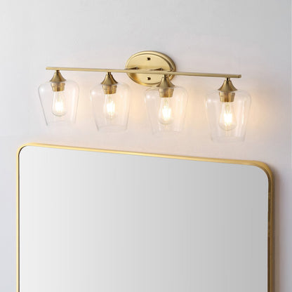 Jayne 32" 4-Light Iron/Glass Cottage Rustic LED Vanity Light, Brass Gold
