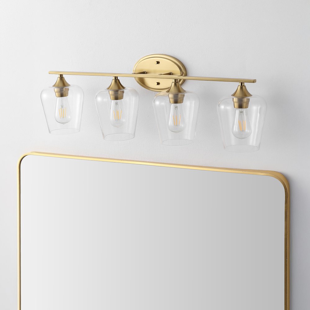 Jayne 32" 4-Light Iron/Glass Cottage Rustic LED Vanity Light, Brass Gold