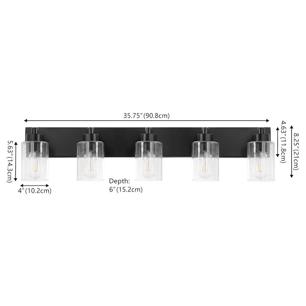 Irving 36" 5-Light Seeded Glass/Iron Modern Contemporary LED Vanity Light, Black