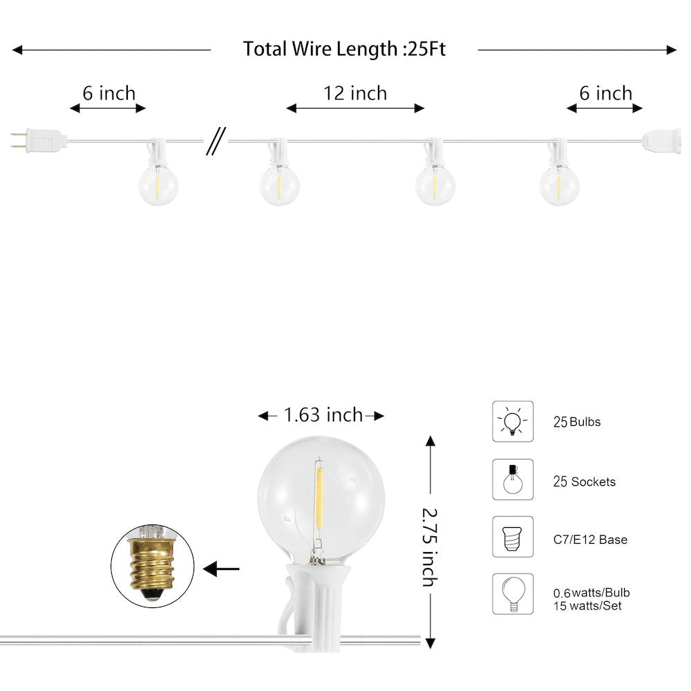 25-Light 25 ft. Rustic Incandescent G40 Bistro Globe Bulb String Lights, White