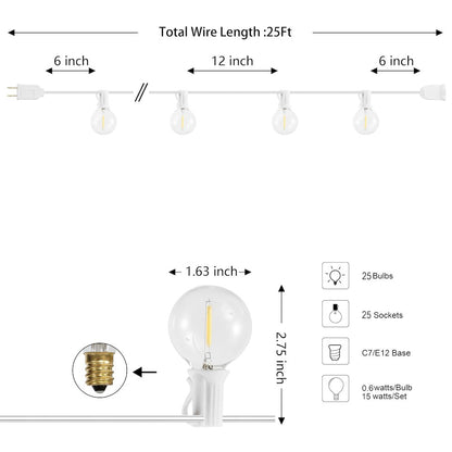 25-Light 25 ft. Rustic Incandescent G40 Bistro Globe Bulb String Lights, White
