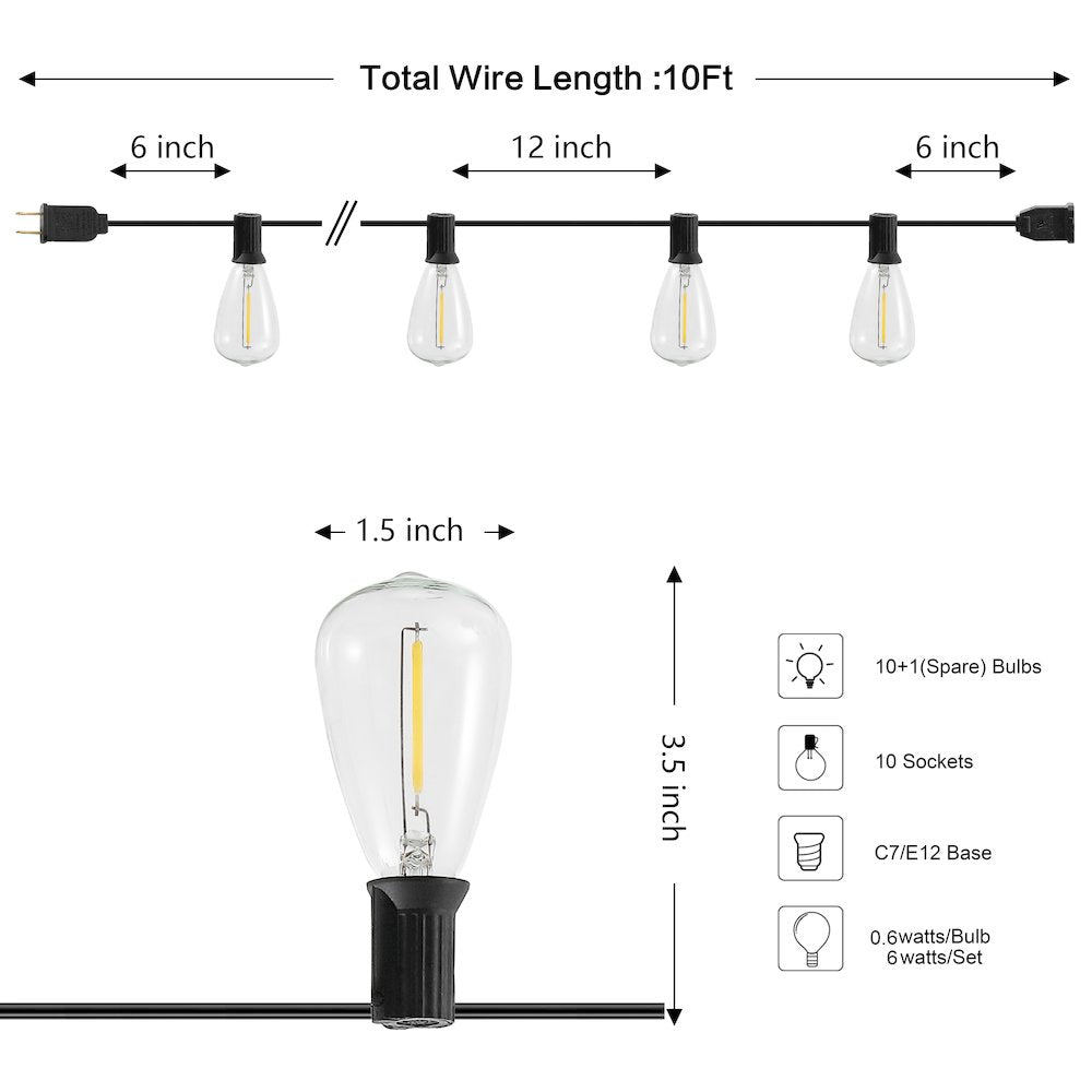 10-Light 10 ft. Rustic Industrial ST38 Clear Bulb String Lights, Black - LED