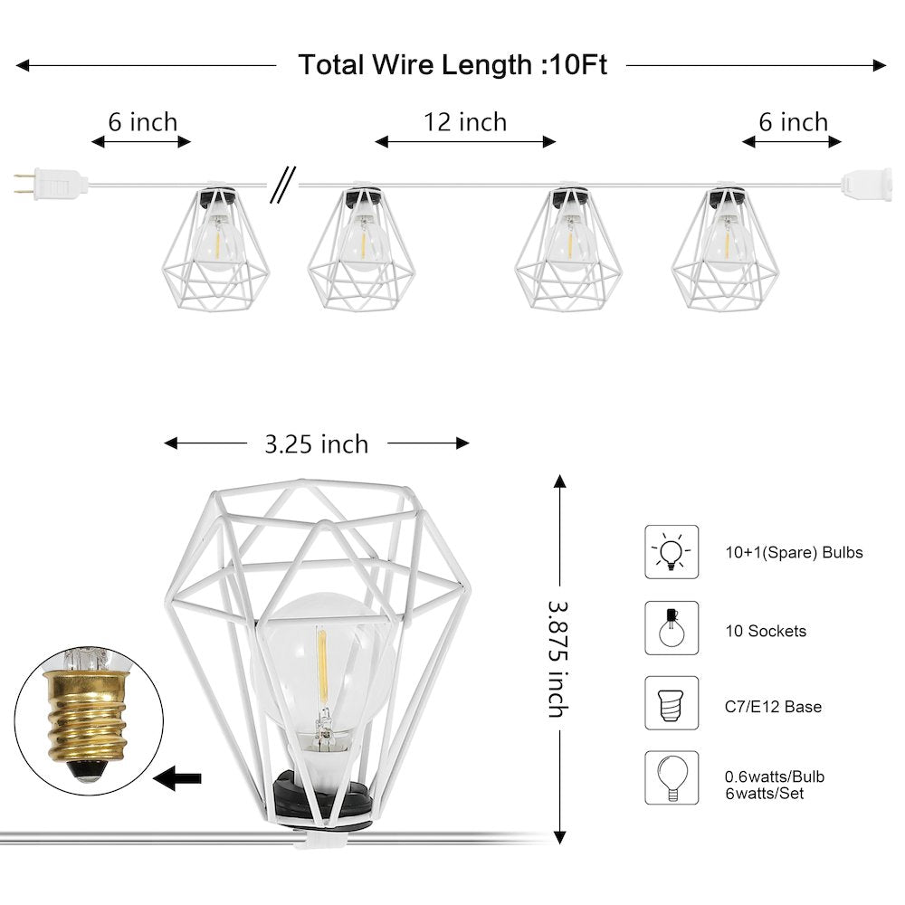 10-Light 10 ft. Transitional Incandescent G40 Diamond Cage String Lights, White