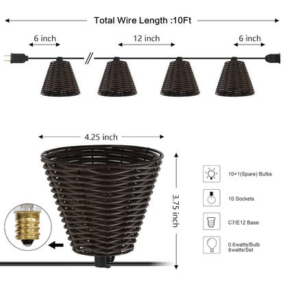 10-Light 10 ft. Cottage LED G40 Faux-Rattan Shaded String Lights, Dark Brown