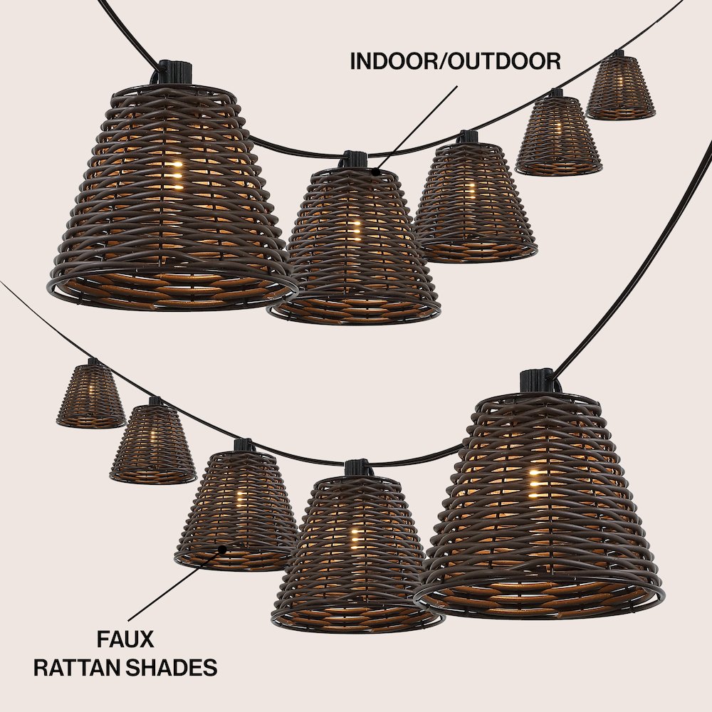 10-Light 10 ft. Cottage LED G40 Faux-Rattan Shaded String Lights, Dark Brown