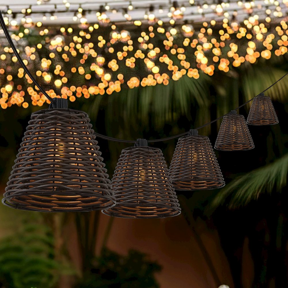 10-Light 10 ft. Cottage LED G40 Faux-Rattan Shaded String Lights, Dark Brown