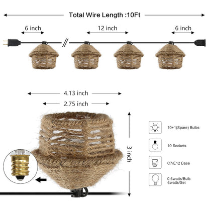 Incandescent G40 Tiki Hut Hemp Rope Shaded String Lights