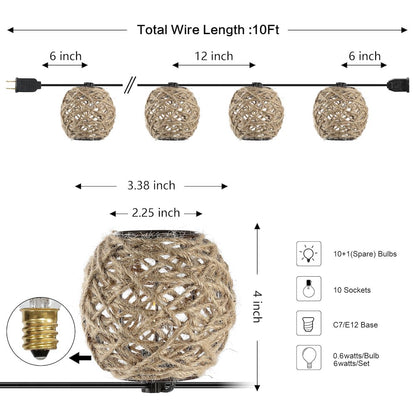 Rustic Coastal Incandescent C7 Globe Hemp Rope Shaded String Lights