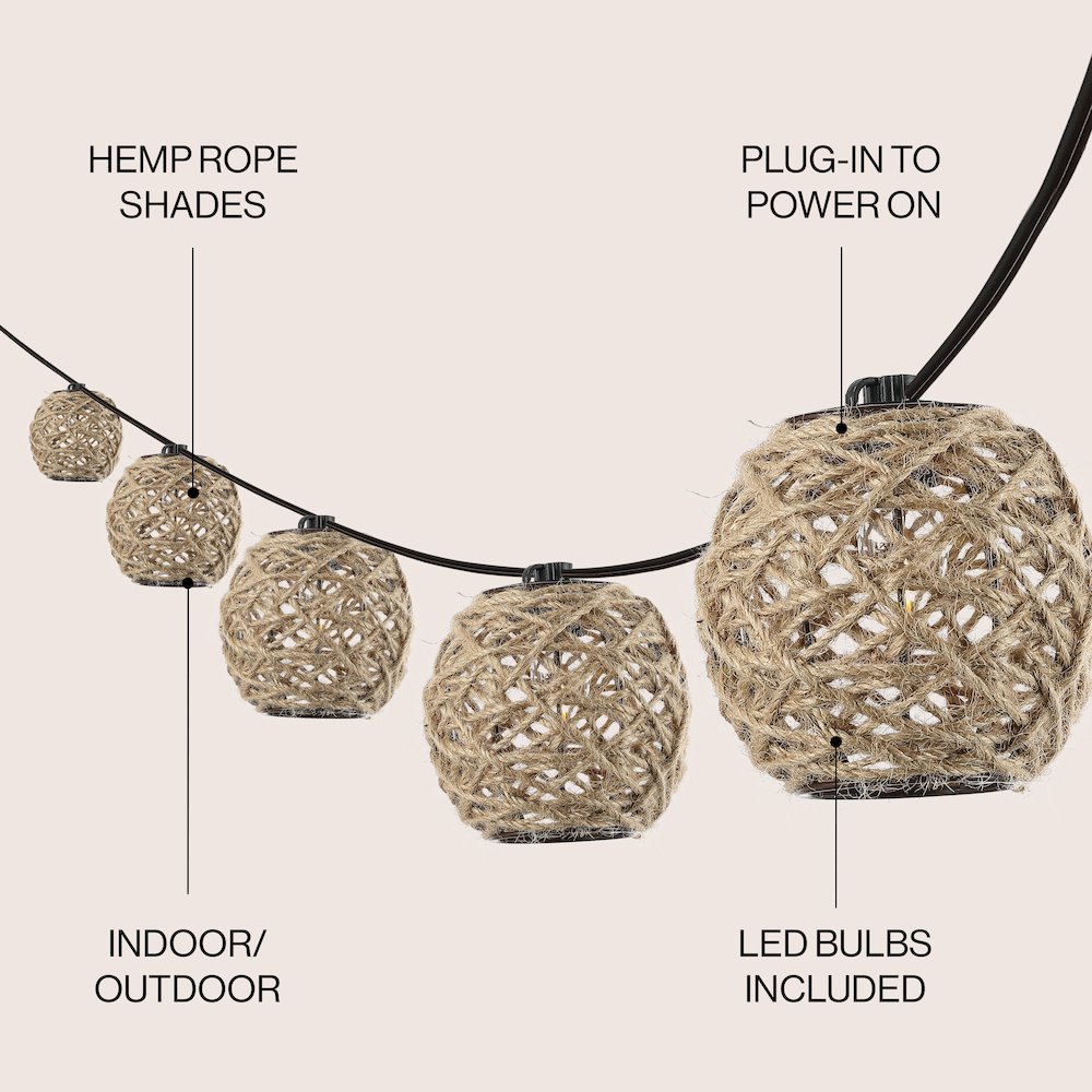 Rustic Coastal Incandescent C7 Globe Hemp Rope Shaded String Lights