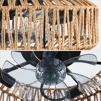 4-Light Modern Bohemian 6-Speed Metal Rattan Lantern LED Ceiling Fan