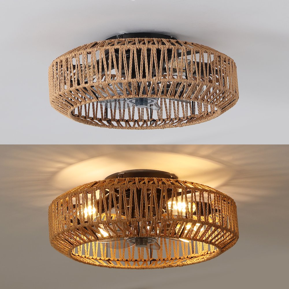 4-Light Modern Bohemian 6-Speed Metal Rattan Lantern LED Ceiling Fan