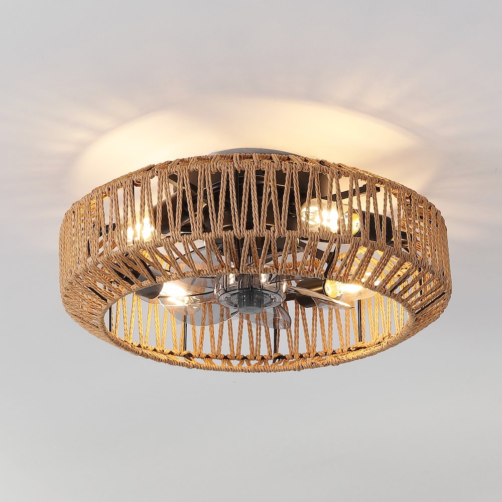 4-Light Modern Bohemian 6-Speed Metal Rattan Lantern LED Ceiling Fan