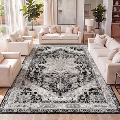 Modern Persian Vintage Medallion Black/Ivory Area