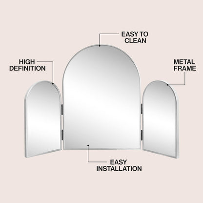 Verity 3-Way Medium Arch Trifold Adjustable Aluminum Alloy Framed Vanity Mirror