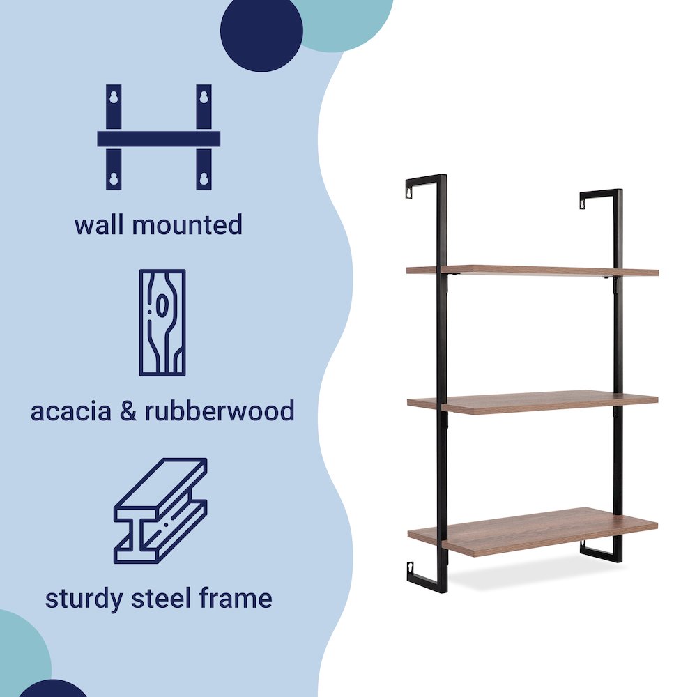 Industrial 3-Shelf Wood Wall-Mounted Open Ladder Bookcase with Metal Frame